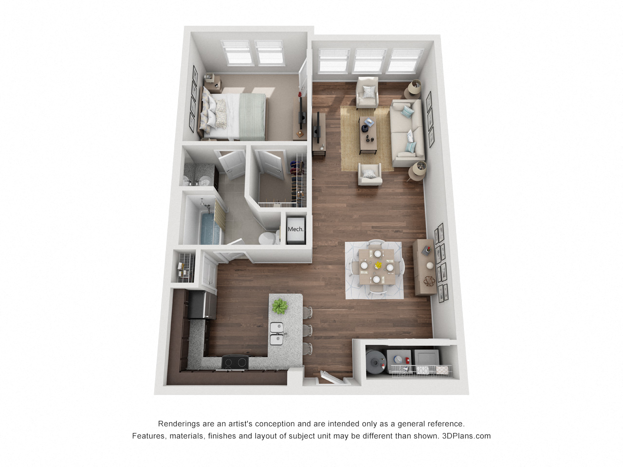Floor plan for 1 bed, 1 bath, 818 sqft